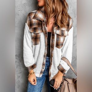 NWT - Brown Plaid Patchwork Buttoned Pocket Sherpa Jacket